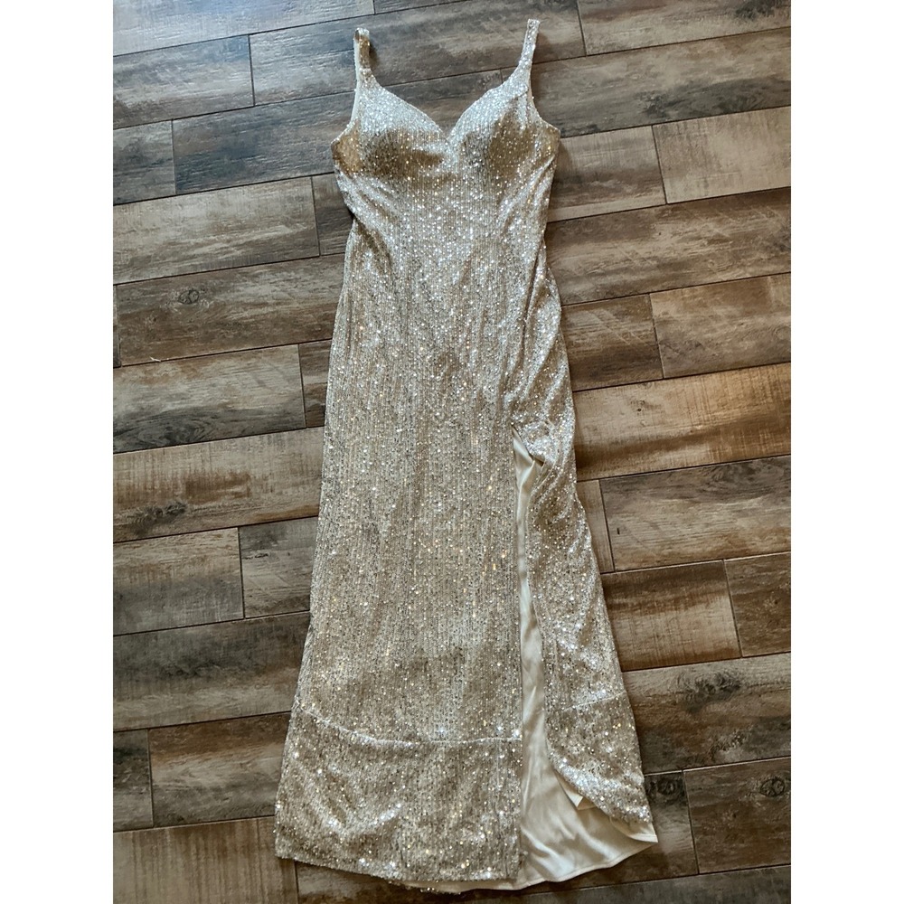 IEENA FOR MACDUGGAL SILVER SEQUIN SWEETHEART NECKLINE UBACK FRONT SLIT GOWN SZ 6 - Picture 10 of 16